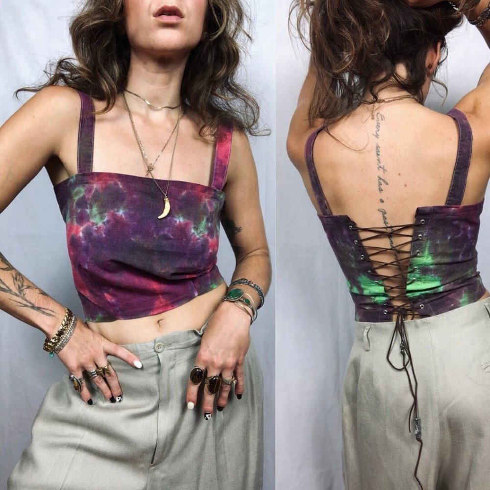 Handmade Reversible Purple Tie Dye Lace Up Suede Festival Corset Crop Top